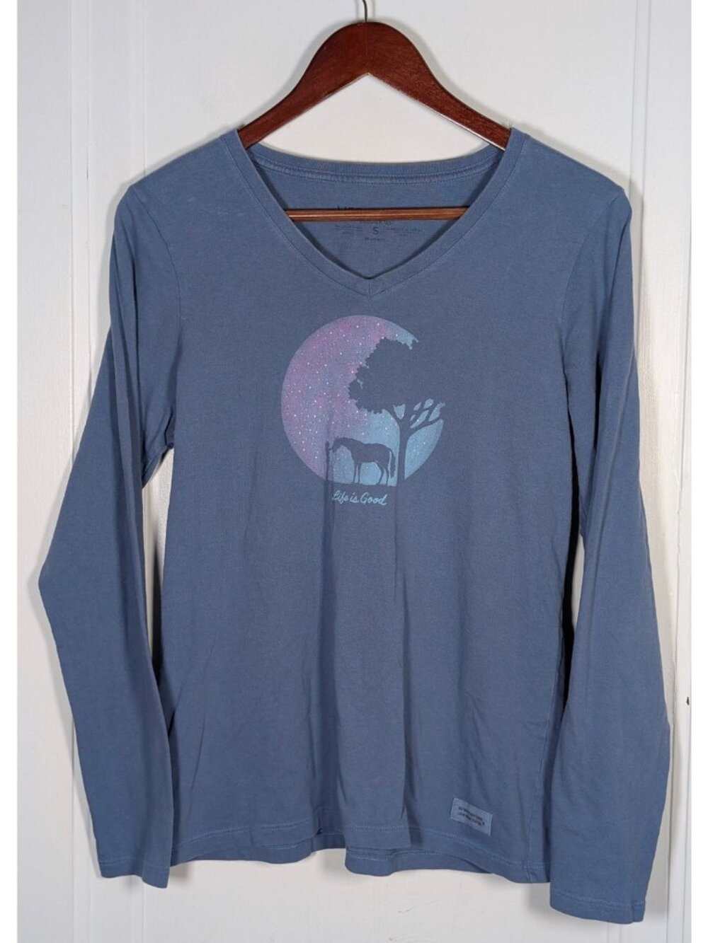 LIFE IS GOOD Womens Size Small Long Sleeve Shirt Horse Girl Equestrian V-Neck